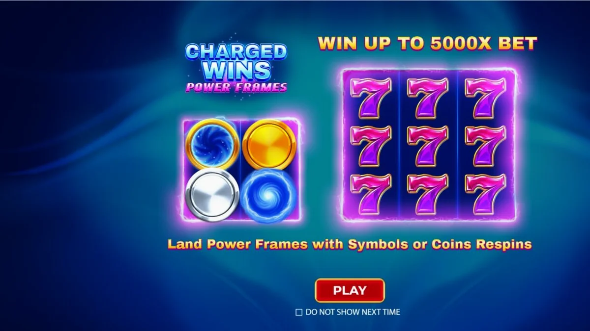 Isang makulay at neon na disenyo ng slot game na Charged Wins: Power Frames na may mga kumikinang na simbolo.