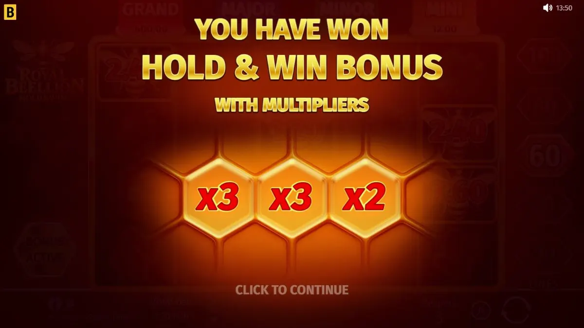 Royal Beellion Hold & Win slot game interface na may honeycomb theme